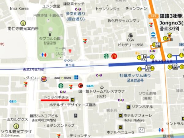 鍾路3街にある「トゥッペギチッ」の地図