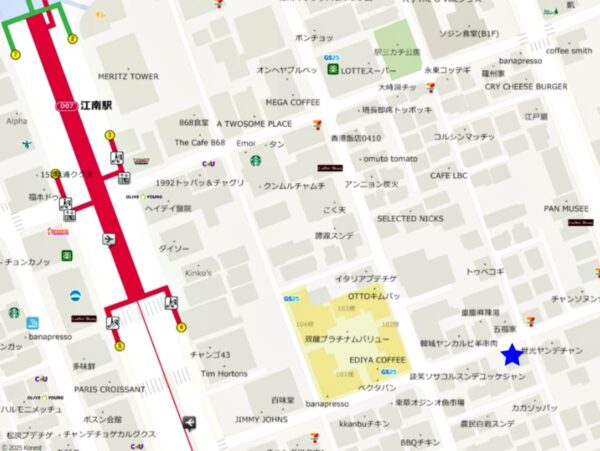 「シムガネカルグッス」江南駅本店の地図