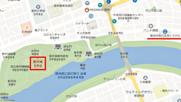 晋州城と晋州市外バスターミナルの位置関係を示す地図