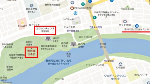 晋州城と「ユジョンジャンオ」の位置関係を表す地図