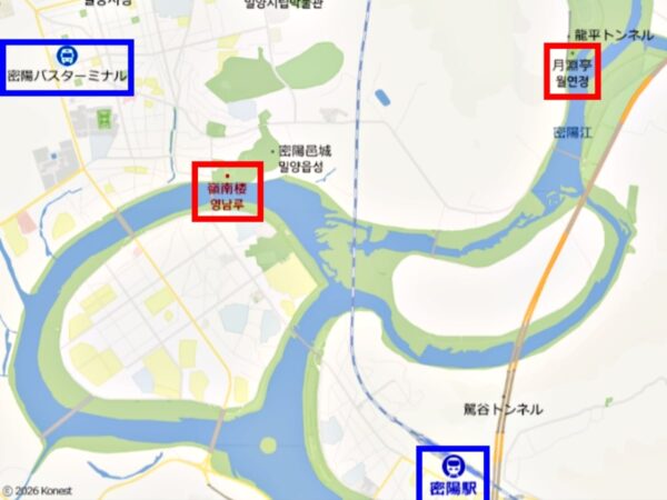 密陽駅、バスターミナル、嶺南楼、月淵亭の位置関係を表す地図
