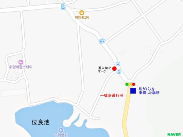 位良池バス停と位良池の位置関係を表す地図