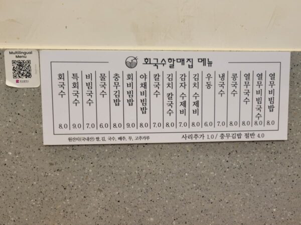 釜山の西面にある「フェグッスハルメチッ」のメニュー