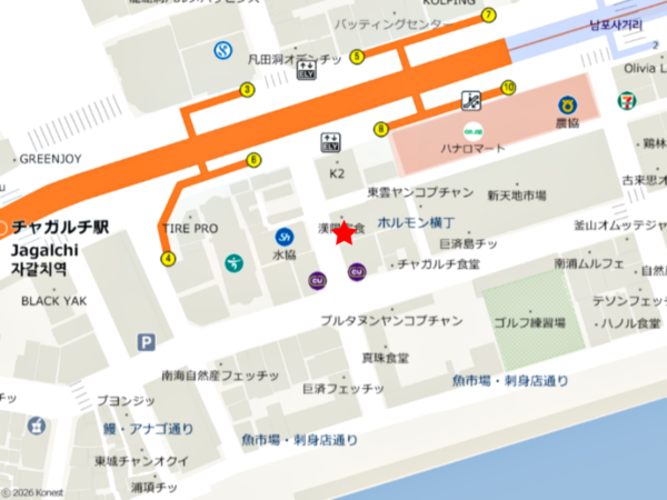釜山のチャガルチにある五福食堂の地図