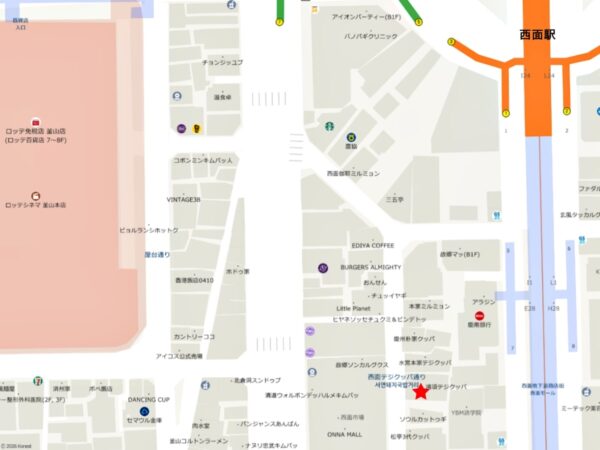 釜山の西面テジクッパ通りにある「ポハンテジクッパ」の地図