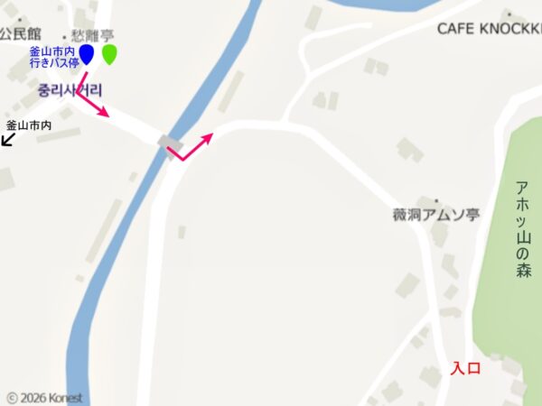 釜山のアホッ山の森と最寄りのバス停「ウンチョン」付近の地図