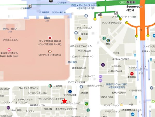 釜山の西面にある「チョバンナッチポックン」の地図