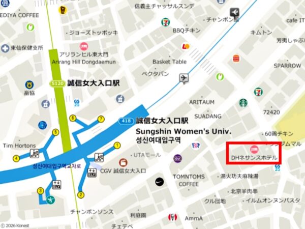 誠信女子大入口にあるDHネサンスホテルの地図