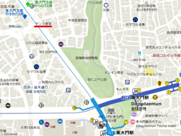 東大門の近くにある「ヤンジ食堂」の地図