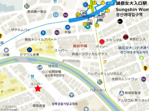 誠信女大入口にある「パクソンチュン南原チュオタン」の地図