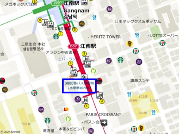 江南駅5番出口と6番出口の間にある水原方面行きバス停付近の地図