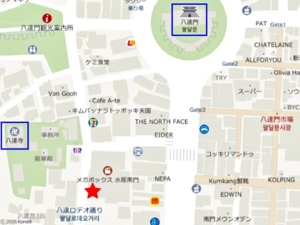 水原の八達門近くにある「ハンボンソクハルモニスンドゥブ」の地図