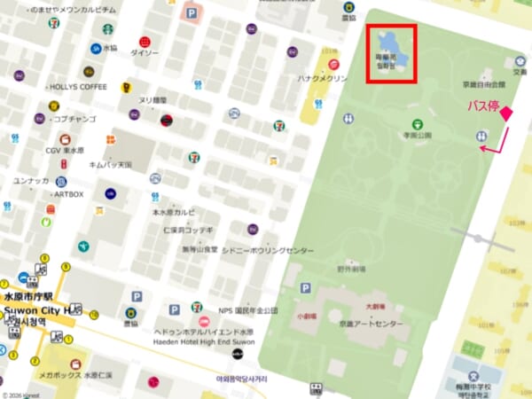 水原の孝園公園にあるドラマ「麗」のロケ地、粤華苑付近の地図