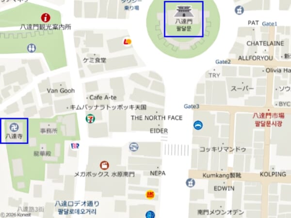 水原の八達門と八達寺の位置関係がわかる地図